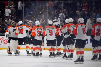 Mar 19, 2026; Los Angeles, California, USA; Philadelphia Flyers celebrate the victory against the Los Angeles Kings following the shootout at Crypto.com Arena. Mandatory Credit: Gary A. Vasquez-Imagn Images