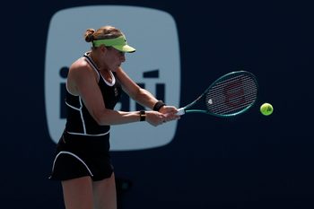 Mar 20, 2026; Miami Gardens, FL, USA; Amanda Anisimova (USA) hits a backhand against Ajla Tomljanovic (AUS) (not pictured) on day four of the 2026 Miami Open at Hard Rock Stadium. Mandatory Credit: Geoff Burke-Imagn Images