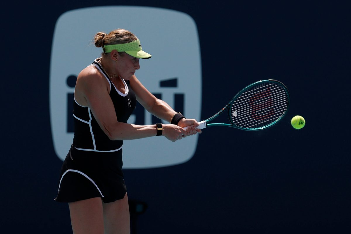 Mar 20, 2026; Miami Gardens, FL, USA; Amanda Anisimova (USA) hits a backhand against Ajla Tomljanovic (AUS) (not pictured) on day four of the 2026 Miami Open at Hard Rock Stadium. Mandatory Credit: Geoff Burke-Imagn Images