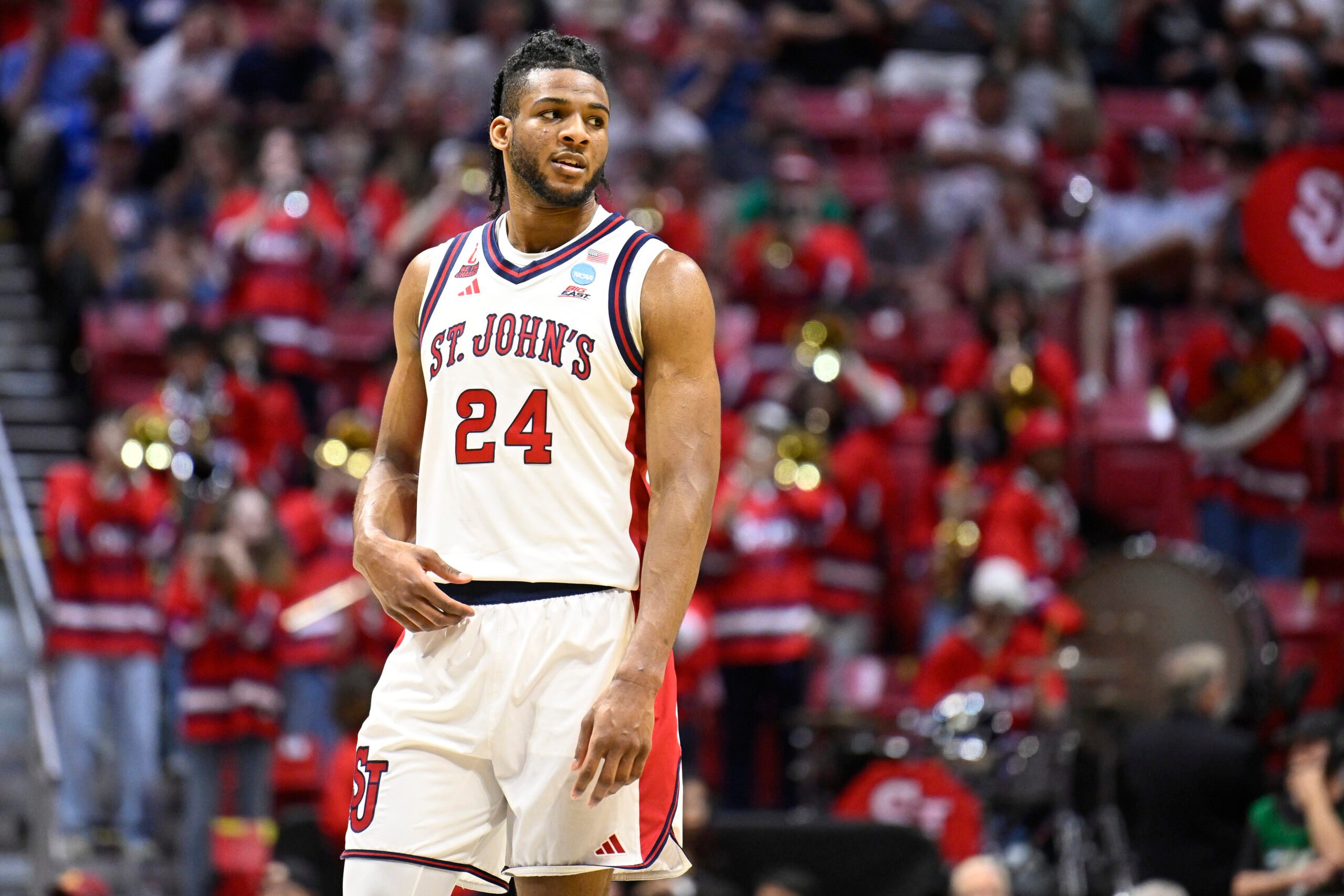Mar 20, 2026; San Diego, CA, USA; St. John's Red Storm forward Zuby Ejiofor (24) looks on in the first half against the Northern Iowa Panthers during a first round game of the men's 2026 NCAA Tournament at Viejas Arena. Mandatory Credit: Denis Poroy-Imagn Images