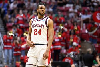 Mar 20, 2026; San Diego, CA, USA; St. John's Red Storm forward Zuby Ejiofor (24) looks on in the first half against the Northern Iowa Panthers during a first round game of the men's 2026 NCAA Tournament at Viejas Arena. Mandatory Credit: Denis Poroy-Imagn Images