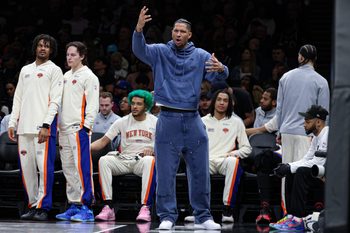 Mar 20, 2026; Brooklyn, New York, USA; New York Knicks guard Josh Hart (3) reacts during the second half against the Brooklyn Nets at Barclays Center. Mandatory Credit: Vincent Carchietta-Imagn Images