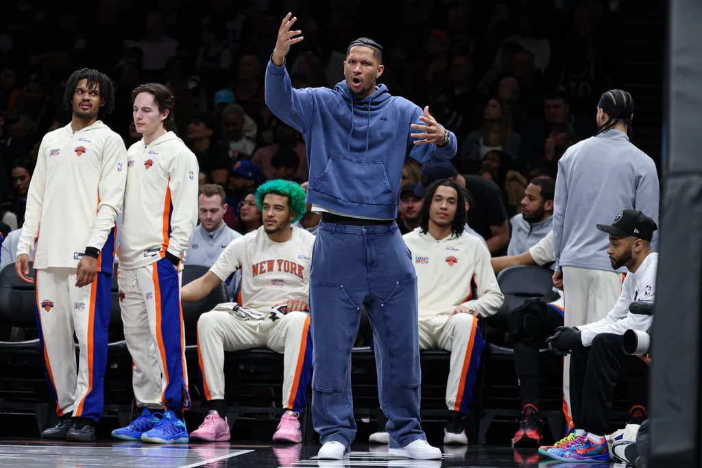 Mar 20, 2026; Brooklyn, New York, USA; New York Knicks guard Josh Hart (3) reacts during the second half against the Brooklyn Nets at Barclays Center. Mandatory Credit: Vincent Carchietta-Imagn Images