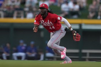 Mar 20, 2026; Mesa, Arizona, USA; Cincinnati Reds shortstop Elly de la Cruz (44) makes the play against the Chicago Cubs in the second inning at Sloan Park. Mandatory Credit: Rick Scuteri-Imagn Images