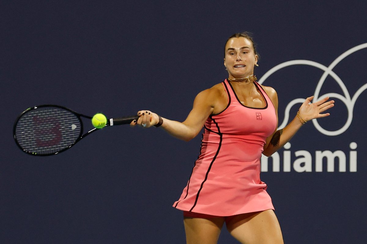 Mar 20, 2026; Miami Gardens, FL, USA; Aryna Sabalenka hits a forehand against Ann Li (USA) (not pictured) on day four of the 2026 Miami Open at Hard Rock Stadium. Mandatory Credit: Geoff Burke-Imagn Images