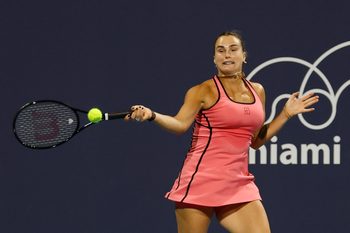 Mar 20, 2026; Miami Gardens, FL, USA; Aryna Sabalenka hits a forehand against Ann Li (USA) (not pictured) on day four of the 2026 Miami Open at Hard Rock Stadium. Mandatory Credit: Geoff Burke-Imagn Images