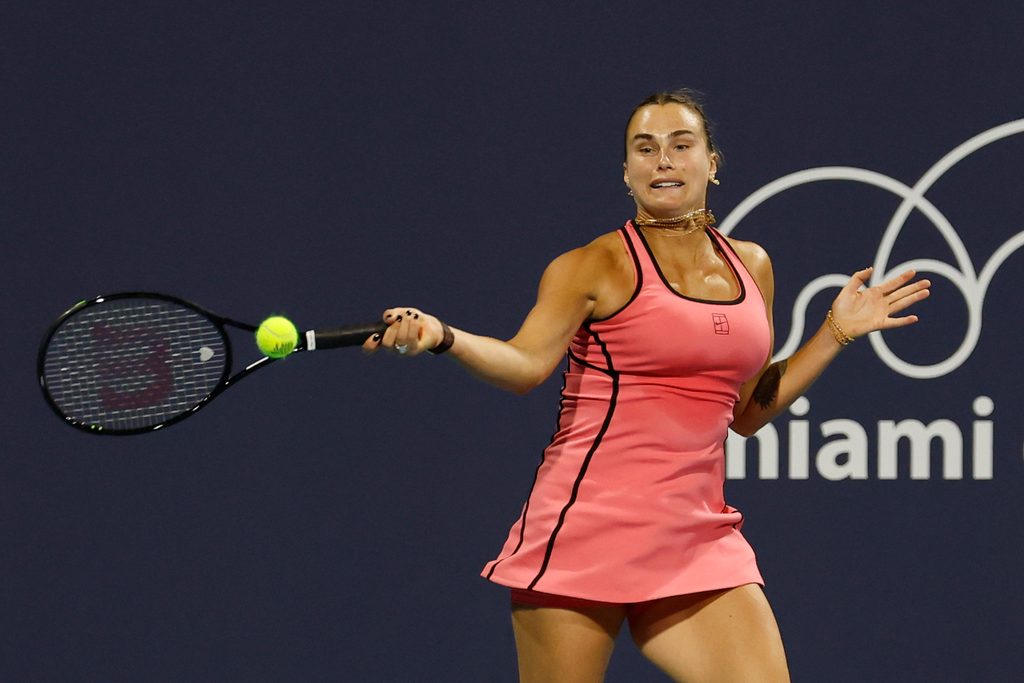 Mar 20, 2026; Miami Gardens, FL, USA; Aryna Sabalenka hits a forehand against Ann Li (USA) (not pictured) on day four of the 2026 Miami Open at Hard Rock Stadium. Mandatory Credit: Geoff Burke-Imagn Images