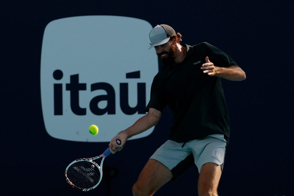Mar 20, 2026; Miami Gardens, FL, USA; Reilly Opelka (USA) hits a forehand against Jack Draper (GBR) (not pictured) on day four of the 2026 Miami Open at Hard Rock Stadium. Mandatory Credit: Geoff Burke-Imagn Images