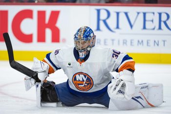 Mar 19, 2026; Ottawa, Ontario, CAN; New York Islanders goalie ilya Sorokin (30) stretches during a break in the first period against the  Ottawa Senators at the Canadian Tire Centre. Mandatory Credit: Marc DesRosiers-IMAGN Images