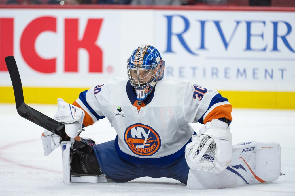 Mar 19, 2026; Ottawa, Ontario, CAN; New York Islanders goalie ilya Sorokin (30) stretches during a break in the first period against the Ottawa Senators at the Canadian Tire Centre. Mandatory Credit: Marc DesRosiers-IMAGN Images