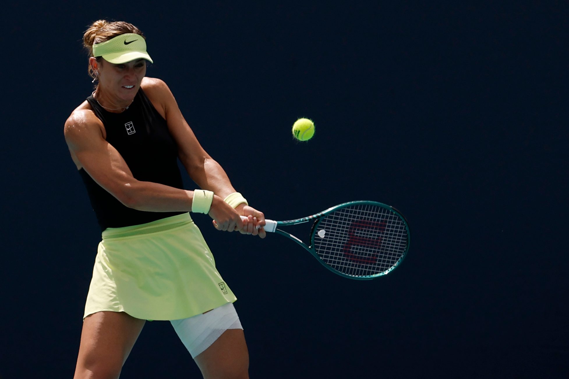 Mar 21, 2026; Miami Gardens, FL, USA; Paula Badosa (ESP) hits a backhand against Iva Jovic (USA) (not pictured) on day five of the 2026 Miami Open at Hard Rock Stadium. Mandatory Credit: Geoff Burke-Imagn Images