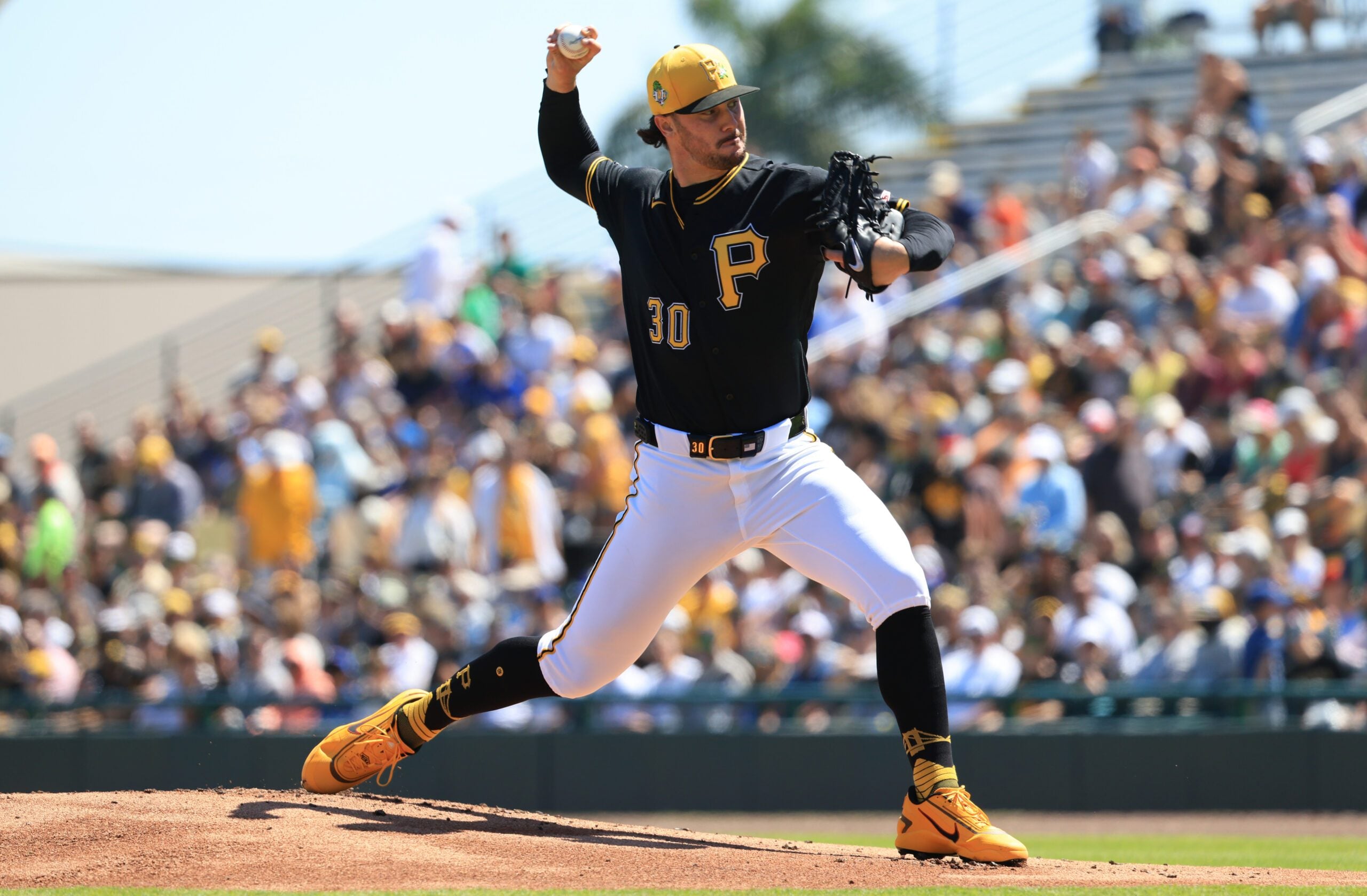 Mar 21, 2026; Bradenton, Florida, USA; Pittsburgh Pirates starting pitcher Paul Skenes (30) throws a pitch during the first inning against the Toronto Blue Jays at LECOM Park. Mandatory Credit: Kim Klement Neitzel-Imagn Images