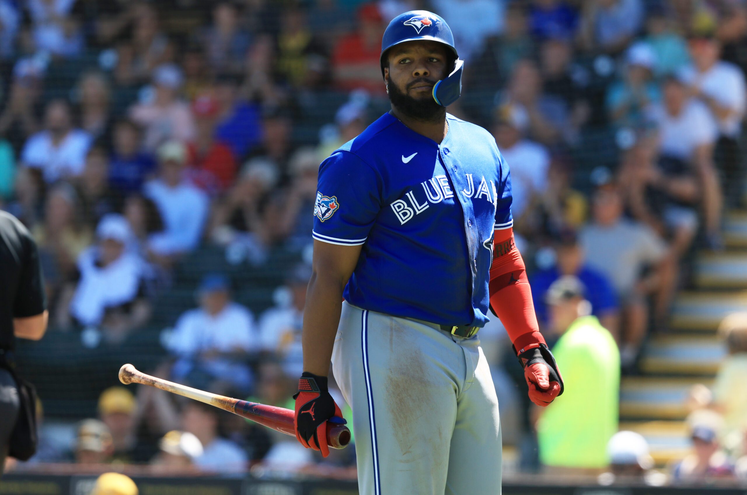 Mar 21, 2026; Bradenton, Florida, USA;  Toronto Blue Jays first baseman Vladimir Guerrero Jr. (27) strikes out during the third inning ]against the Pittsburgh Pirates at LECOM Park. Mandatory Credit: Kim Klement Neitzel-Imagn Images