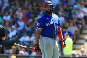Mar 21, 2026; Bradenton, Florida, USA;  Toronto Blue Jays first baseman Vladimir Guerrero Jr. (27) strikes out during the third inning ]against the Pittsburgh Pirates at LECOM Park. Mandatory Credit: Kim Klement Neitzel-Imagn Images