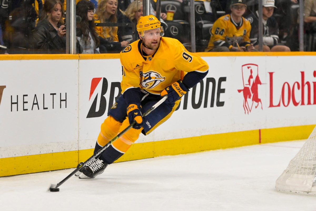 Mar 21, 2026; Nashville, Tennessee, USA;  Nashville Predators center Steven Stamkos (91) skates behind the net against the Vegas Golden Knights during the first period at Bridgestone Arena. Mandatory Credit: Steve Roberts-Imagn Images