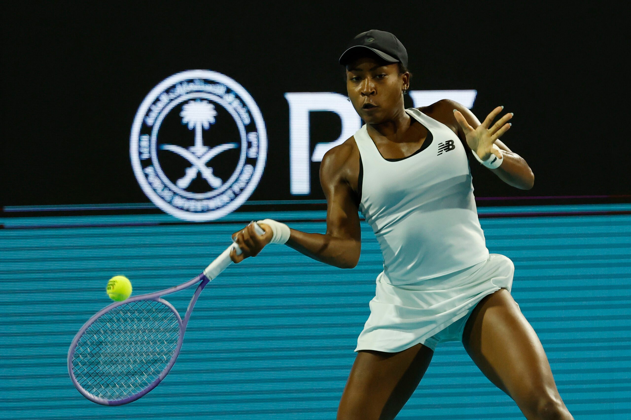 Mar 21, 2026; Miami Gardens, FL, USA; Coco Gauff (USA)  hits a forehand against Alycia Parks (USA) (not pictured) on day five of the 2026 Miami Open at Hard Rock Stadium. Mandatory Credit: Geoff Burke-Imagn Images