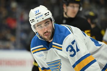 Mar 21, 2026; Vancouver, British Columbia, CAN;  St. Louis Blues center Jack Finley (37) looks on during the third period against the Vancouver Canucks at Rogers Arena. Mandatory Credit: Simon Fearn-Imagn Images