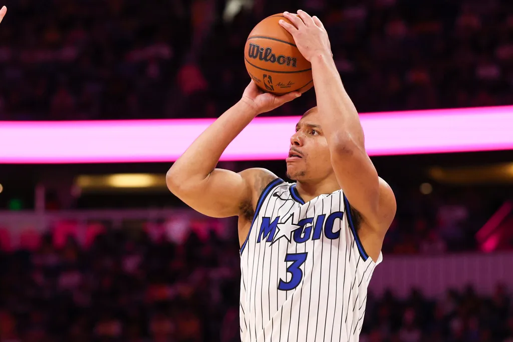 Mar 21, 2026; Orlando, Florida, USA; Orlando Magic guard Desmond Bane (3) shoots the ball against the Los Angeles Lakers in the fourth quarter at Kia Center. Mandatory Credit: Nathan Ray Seebeck-Imagn Images