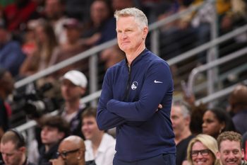 Mar 21, 2026; Atlanta, Georgia, USA; Golden State Warriors head coach Steve Kerr on the sideline against the Atlanta Hawks in the fourth quarter at State Farm Arena. Mandatory Credit: Brett Davis-Imagn Images
