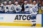 Mar 21, 2026; Edmonton, Alberta, CAN; The Tampa Bay Lightning celebrate a goal scored by forward Jake Guentzel (59) during the second period against the Edmonton Oilers at Rogers Place. Mandatory Credit: Perry Nelson-Imagn Images