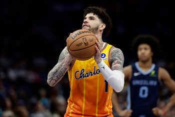Mar 21, 2026; Charlotte, North Carolina, USA; Charlotte Hornets guard LaMelo Ball (1) takes a technical foul free throw during the second half against the Memphis Grizzlies at Spectrum Center. Mandatory Credit: Brian Westerholt-Imagn Images