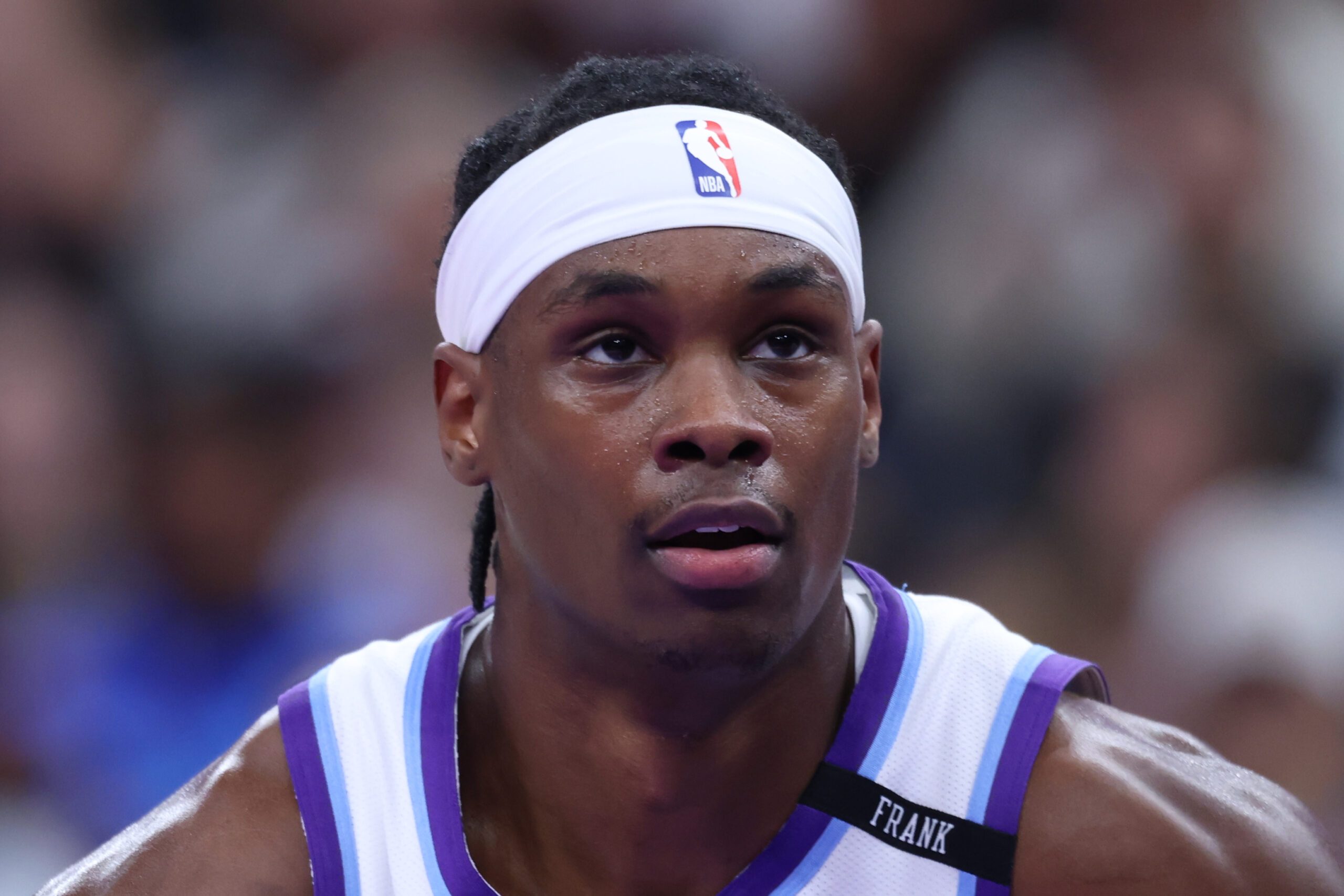 Mar 21, 2026; Salt Lake City, Utah, USA; tah Jazz guard Bez Mbeng (21) looks on during the first half of the game against the Philadelphia 76ers at Delta Center. Mandatory Credit: Rob Gray-Imagn Images