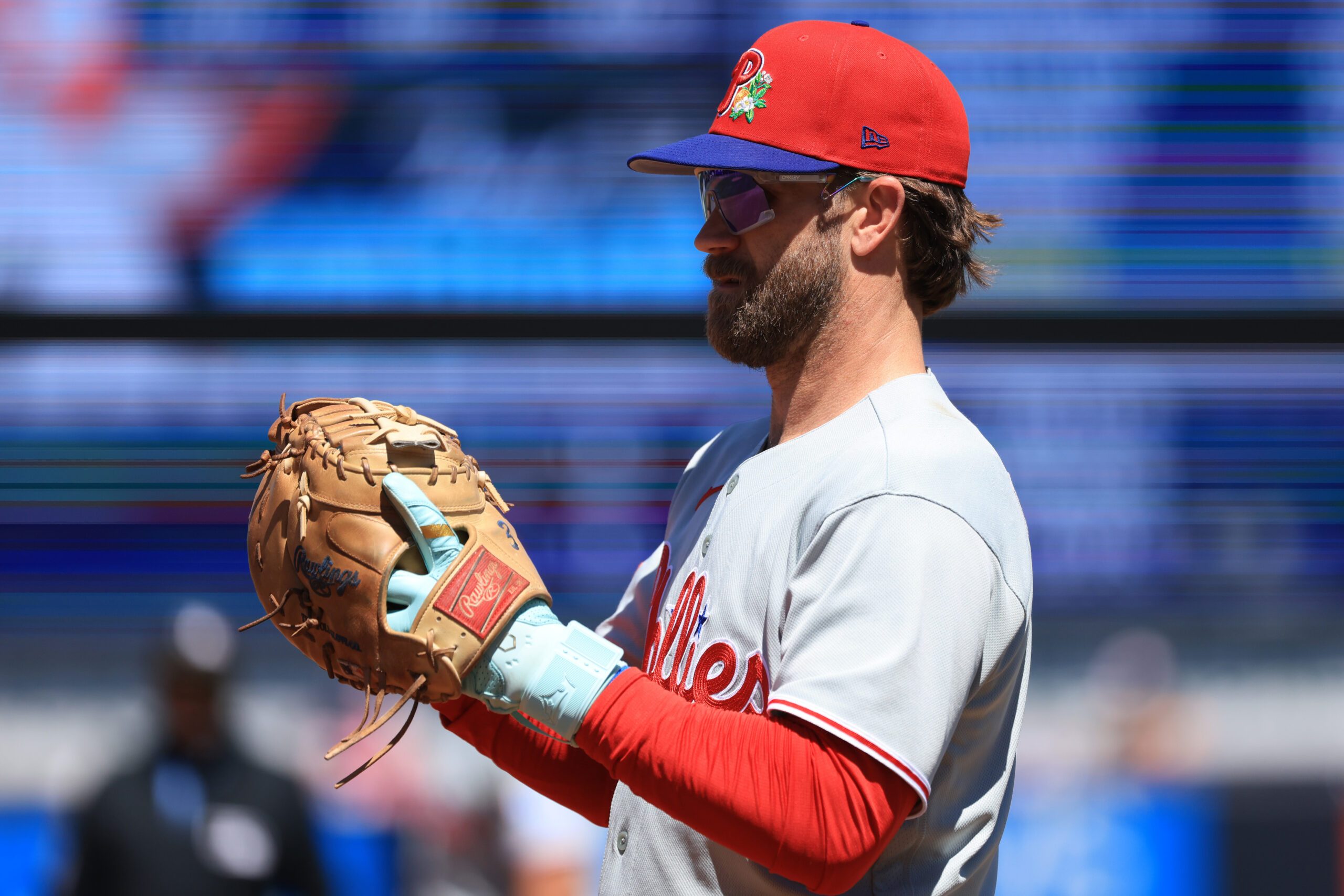 Mar 22, 2026; Tampa, Florida, USA; Philadelphia Phillies first baseman Bryce Harper (3) looks on during the third inning against the New York Yankees at George M. Steinbrenner Field. Mandatory Credit: Kim Klement Neitzel-Imagn Images