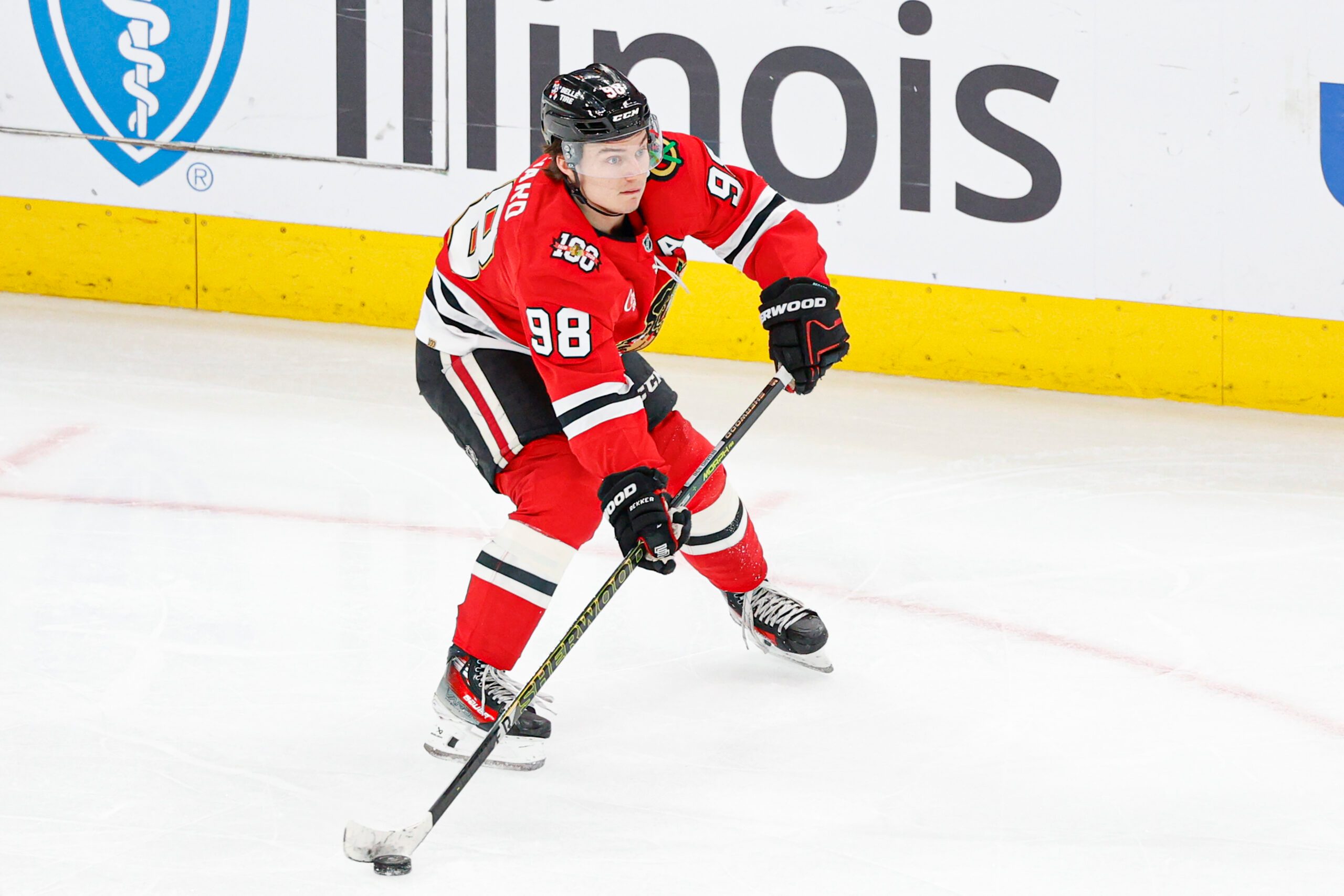 Mar 22, 2026; Chicago, Illinois, USA; Chicago Blackhawks center Connor Bedard (98) looks to pass the puck against the Nashville Predators during the third period at United Center. Mandatory Credit: Kamil Krzaczynski-Imagn Images