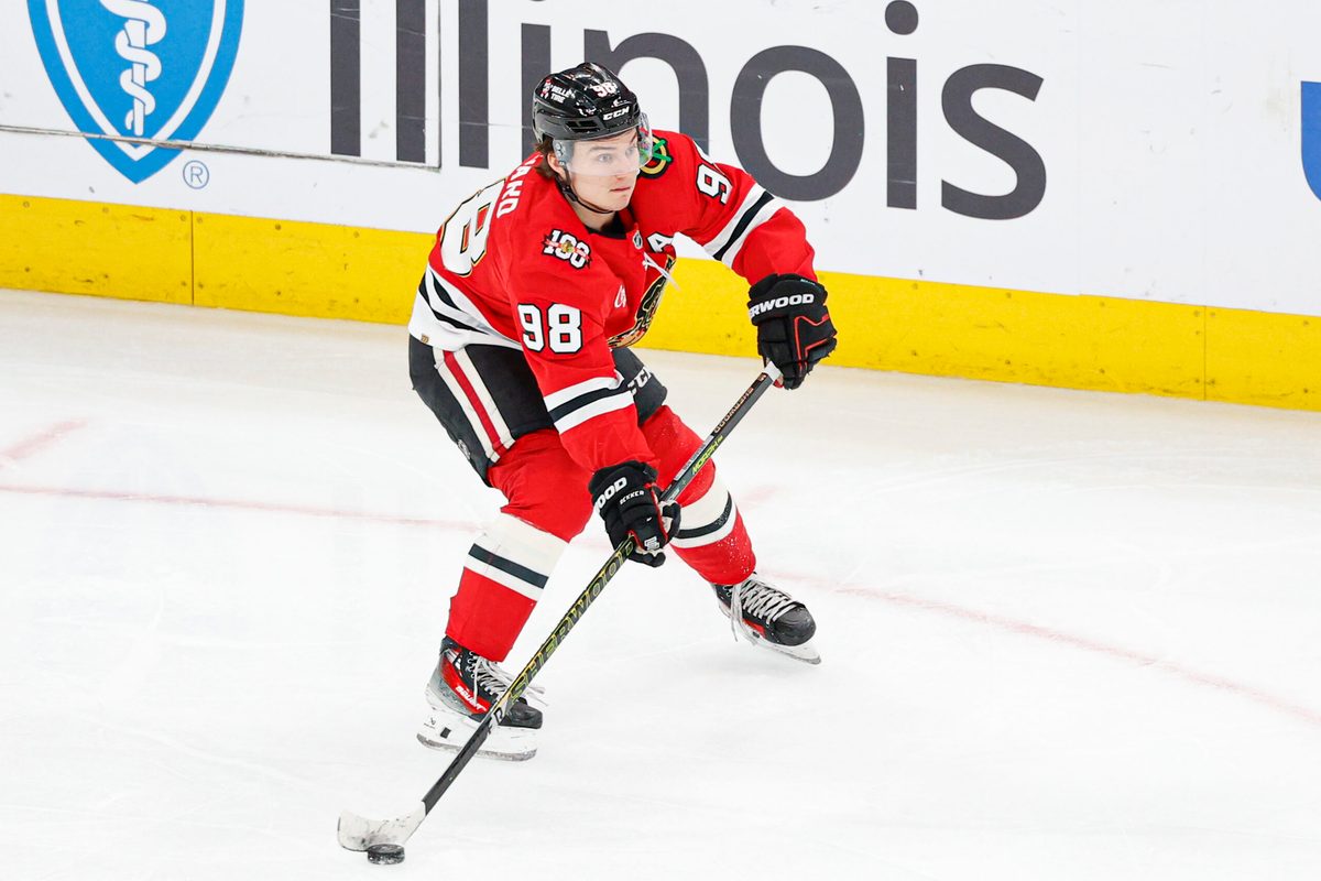 Mar 22, 2026; Chicago, Illinois, USA; Chicago Blackhawks center Connor Bedard (98) looks to pass the puck against the Nashville Predators during the third period at United Center. Mandatory Credit: Kamil Krzaczynski-Imagn Images