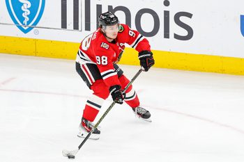 Mar 22, 2026; Chicago, Illinois, USA; Chicago Blackhawks center Connor Bedard (98) looks to pass the puck against the Nashville Predators during the third period at United Center. Mandatory Credit: Kamil Krzaczynski-Imagn Images