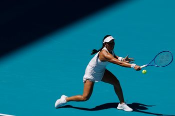 Mar 22, 2026; Miami Gardens, FL, USA; Jessica Pegula (USA) hits a backhand against Leylah Fernandez (CAN) (not pictured) on day six of the 2026 Miami Open at Hard Rock Stadium. Mandatory Credit: Geoff Burke-Imagn Images