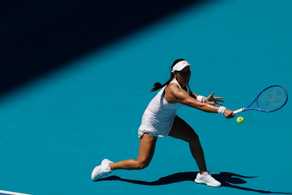Mar 22, 2026; Miami Gardens, FL, USA; Jessica Pegula (USA) hits a backhand against Leylah Fernandez (CAN) (not pictured) on day six of the 2026 Miami Open at Hard Rock Stadium. Mandatory Credit: Geoff Burke-Imagn Images
