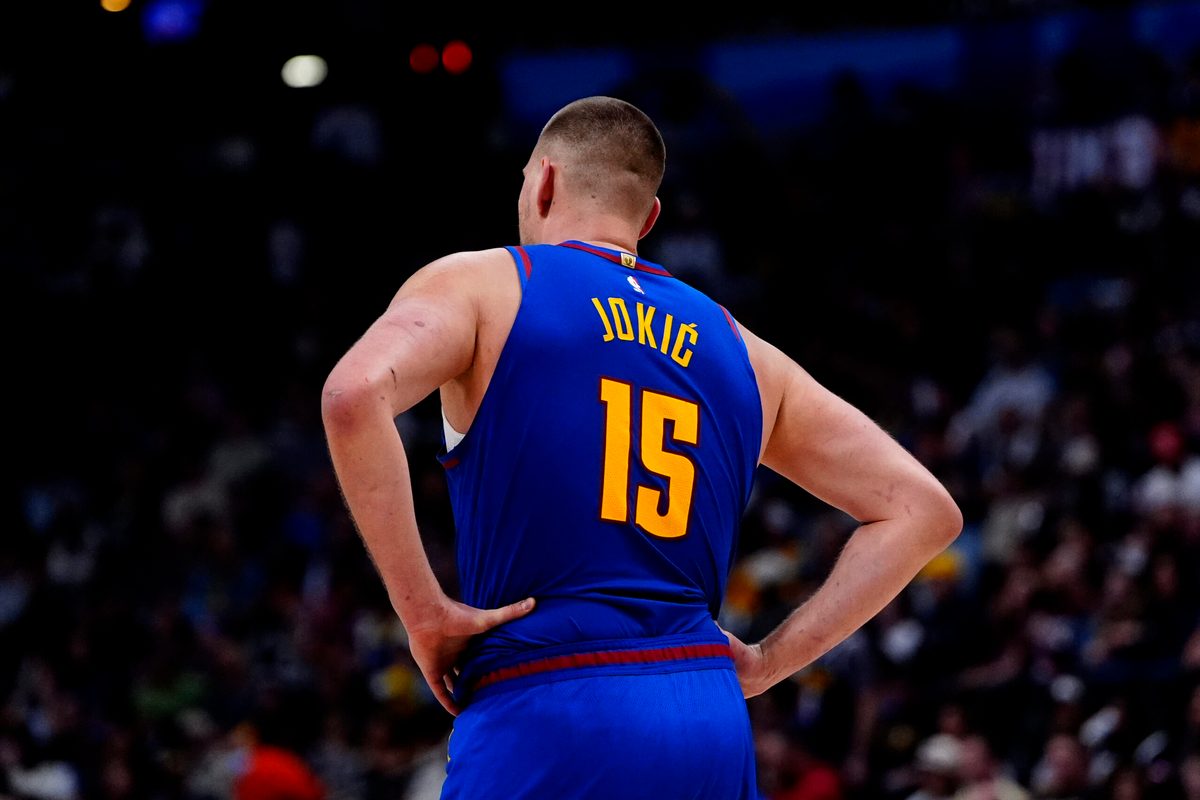 Mar 22, 2026; Denver, Colorado, USA; Denver Nuggets center Nikola Jokic (15) during the game against the Portland Trail Blazers  second half at Ball Arena. Mandatory Credit: Ron Chenoy-Imagn Images