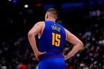 Mar 22, 2026; Denver, Colorado, USA; Denver Nuggets center Nikola Jokic (15) during the game against the Portland Trail Blazers  second half at Ball Arena. Mandatory Credit: Ron Chenoy-Imagn Images
