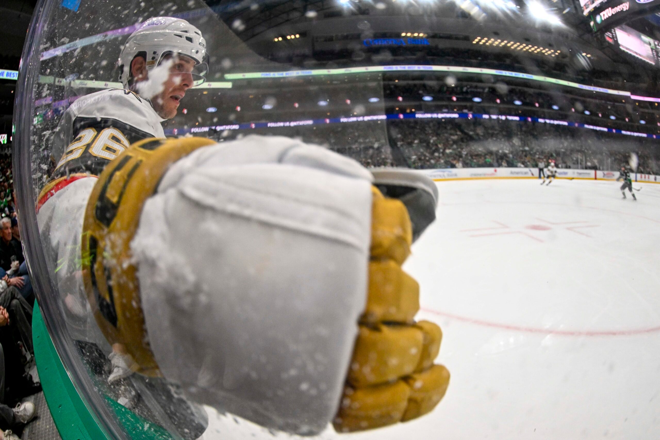 Mar 22, 2026; Dallas, Texas, USA; Vegas Golden Knights center Nic Dowd (26) looks for the puck during the third period against the Dallas Stars at the American Airlines Center. Mandatory Credit: Jerome Miron-Imagn Images