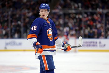 Mar 22, 2026; Elmont, New York, USA; New York Islanders defenseman Matthew Schaefer (48) skates against the Columbus Blue Jackets during the second period at UBS Arena. Mandatory Credit: Brad Penner-Imagn Images