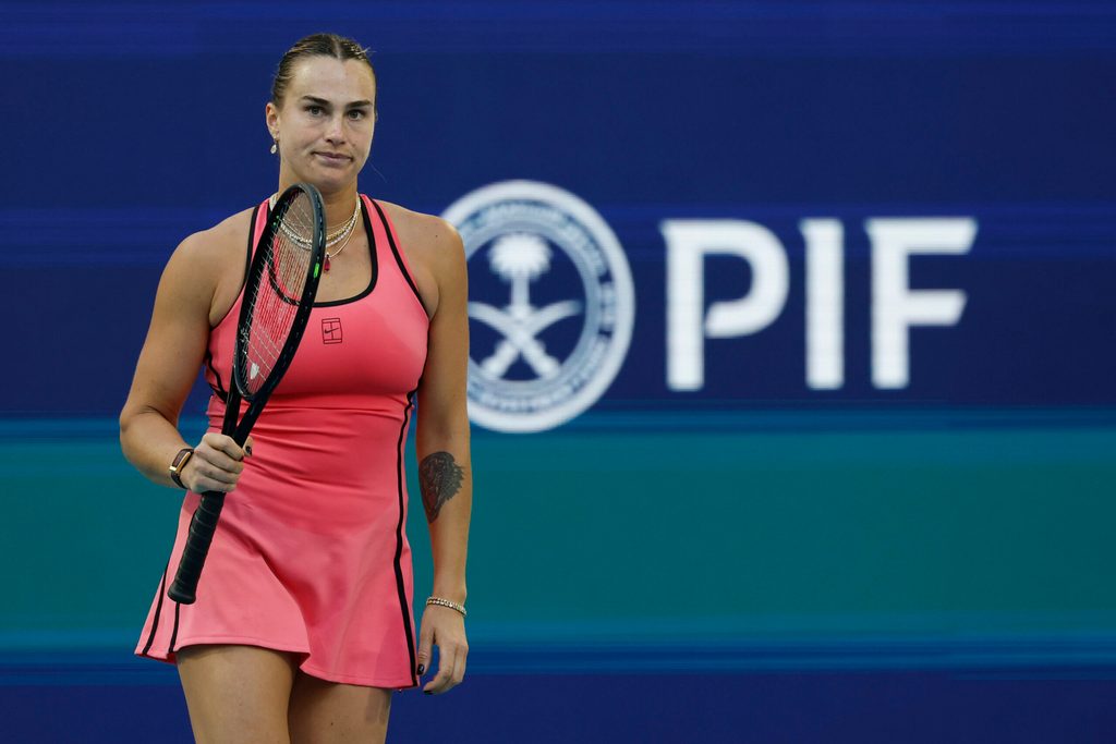 Mar 23, 2026; Miami Gardens, FL, USA; Aryna Sabalenka reacts after match point against Qinwen Zheng (CHN) (not pictured) on day 7 of the 2026 Miami Open at Hard Rock Stadium. Mandatory Credit: Geoff Burke-Imagn Images