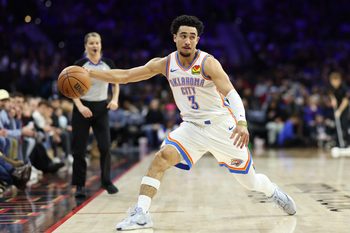 Mar 23, 2026; Philadelphia, Pennsylvania, USA; Oklahoma City Thunder guard Jared McCain (3) controls the ball against the Philadelphia 76ers during the fourth quarter at Xfinity Mobile Arena. Mandatory Credit: Bill Streicher-Imagn Images
