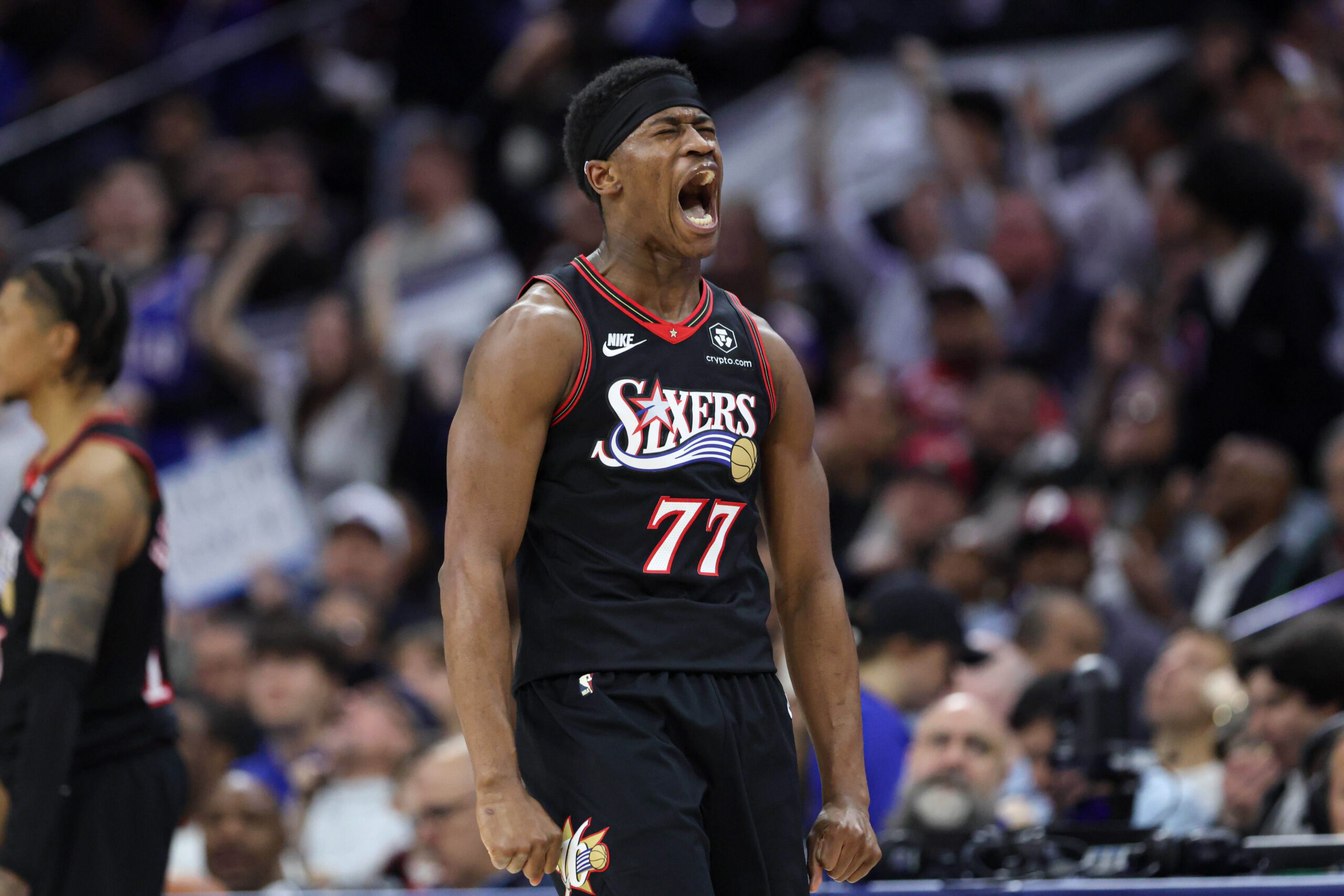 Mar 23, 2026; Philadelphia, Pennsylvania, USA; Philadelphia 76ers guard Vj Edgecombe (77) reacts after his three pointer against the Oklahoma City Thunder during the fourth quarter at Xfinity Mobile Arena. Mandatory Credit: Bill Streicher-Imagn Images