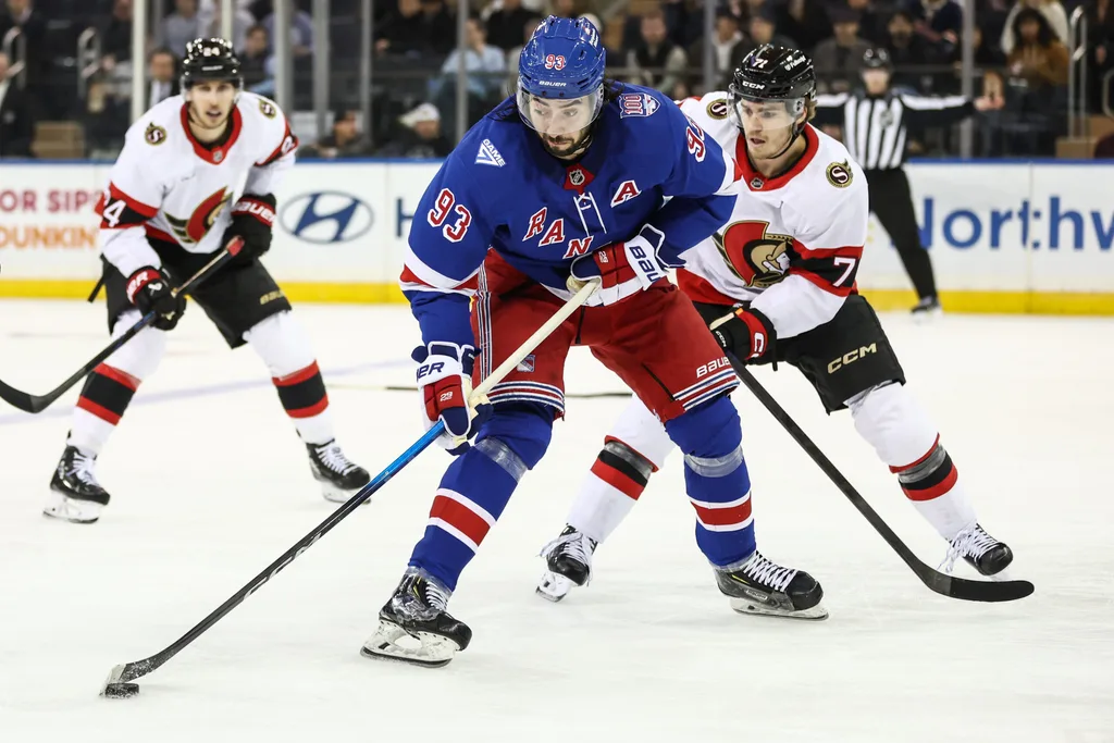 Mar 23, 2026; New York, New York, USA; New York Rangers center Mika Zibanejad (93) controls the puck in the third period against the Ottawa Senators at Madison Square Garden. Mandatory Credit: Wendell Cruz-Imagn Images