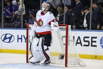 Mar 23, 2026; New York, New York, USA;  Ottawa Senators goaltender James Reimer (47) reacts after defeating the New York Rangers 2-1 at Madison Square Garden. Mandatory Credit: Wendell Cruz-Imagn Images