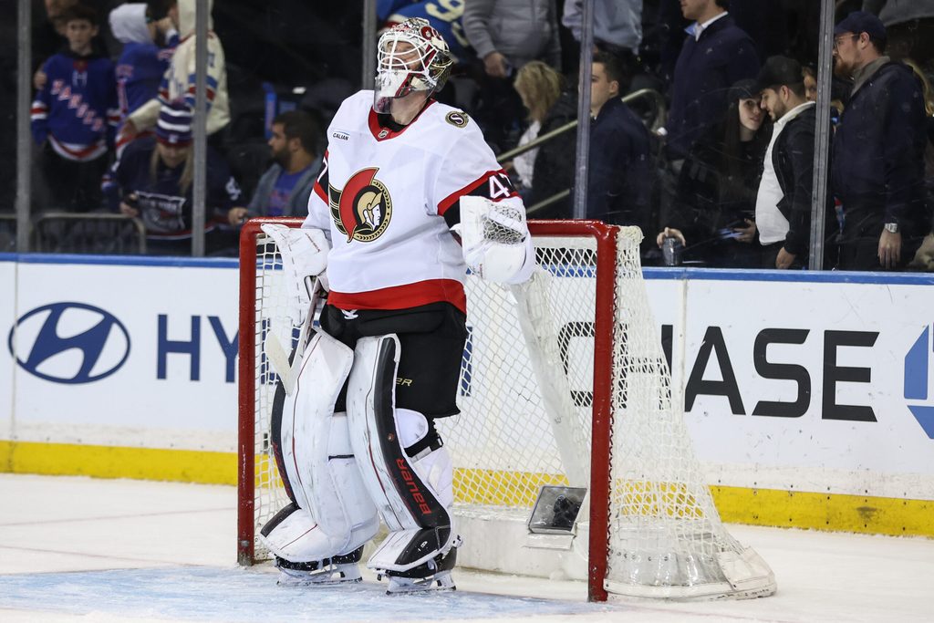 Mar 23, 2026; New York, New York, USA; Ottawa Senators goaltender James Reimer (47) reacts after defeating the New York Rangers 2-1 at Madison Square Garden. Mandatory Credit: Wendell Cruz-Imagn Images