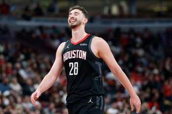 Mar 23, 2026; Chicago, Illinois, USA; Houston Rockets center Alperen Sengun (28) reacts after scoring against the Chicago Bulls during the second half at United Center. Mandatory Credit: Kamil Krzaczynski-Imagn Images