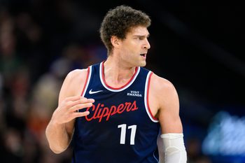 Mar 23, 2026; Inglewood, California, USA; Los Angeles Clippers center Brook Lopez (11) gestures after scoring during the second half against the Milwaukee Bucks at Intuit Dome. Mandatory Credit: William Liang-Imagn Images