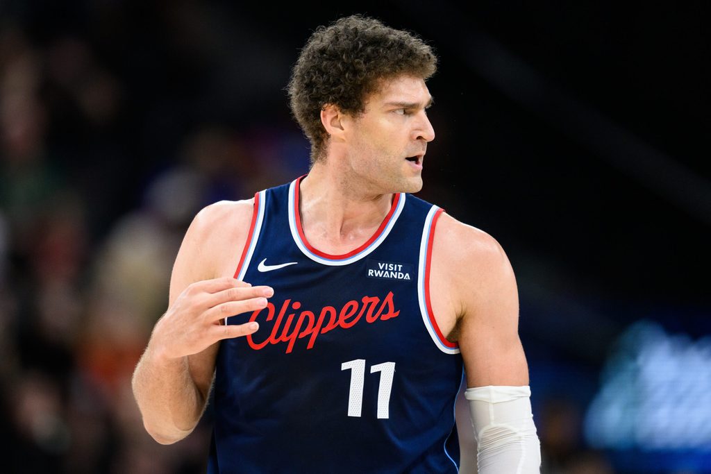 Mar 23, 2026; Inglewood, California, USA; Los Angeles Clippers center Brook Lopez (11) gestures after scoring during the second half against the Milwaukee Bucks at Intuit Dome. Mandatory Credit: William Liang-Imagn Images