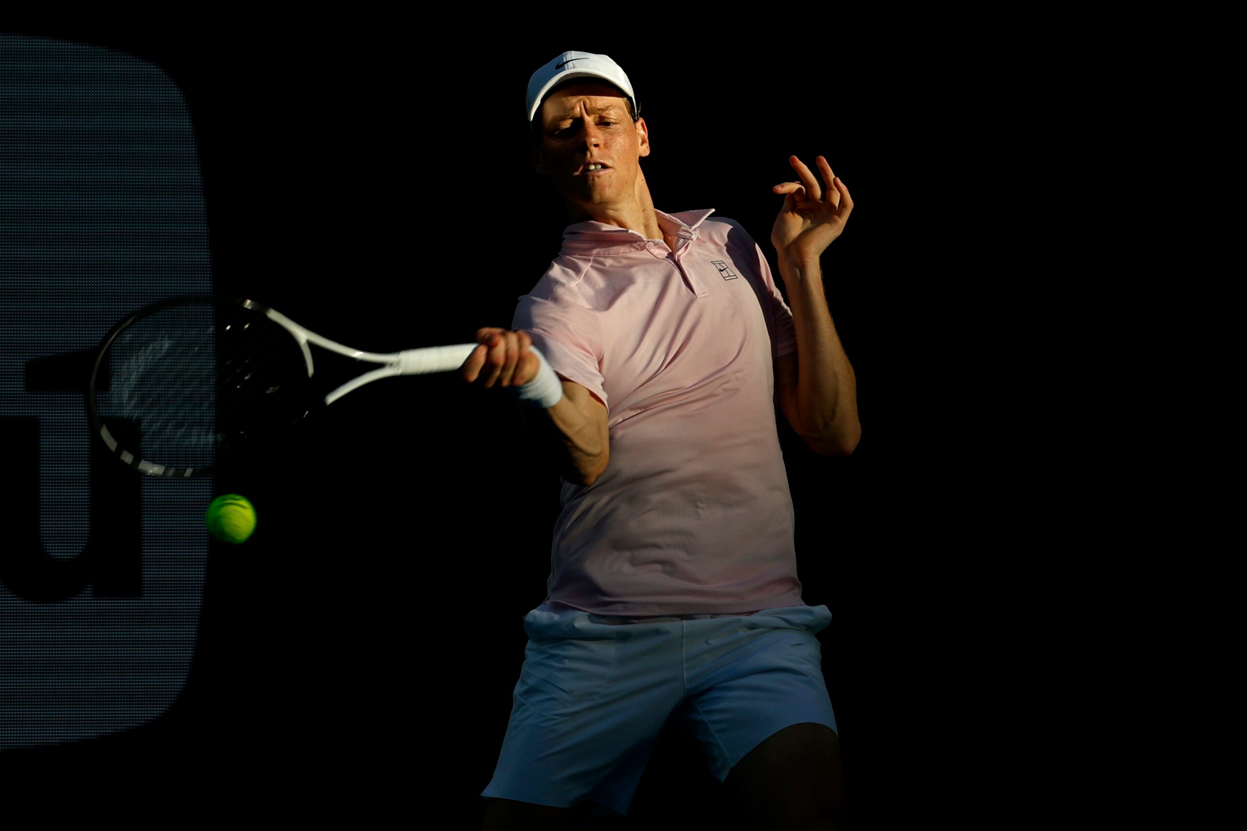 Mar 24, 2026; Miami Gardens, FL, USA; Jannik Sinner (ITA) hits a forehand against Alex Michelsen (USA) (not pictured) on day eight of the 2026 Miami Open at Hard Rock Stadium. Mandatory Credit: Geoff Burke-Imagn Images