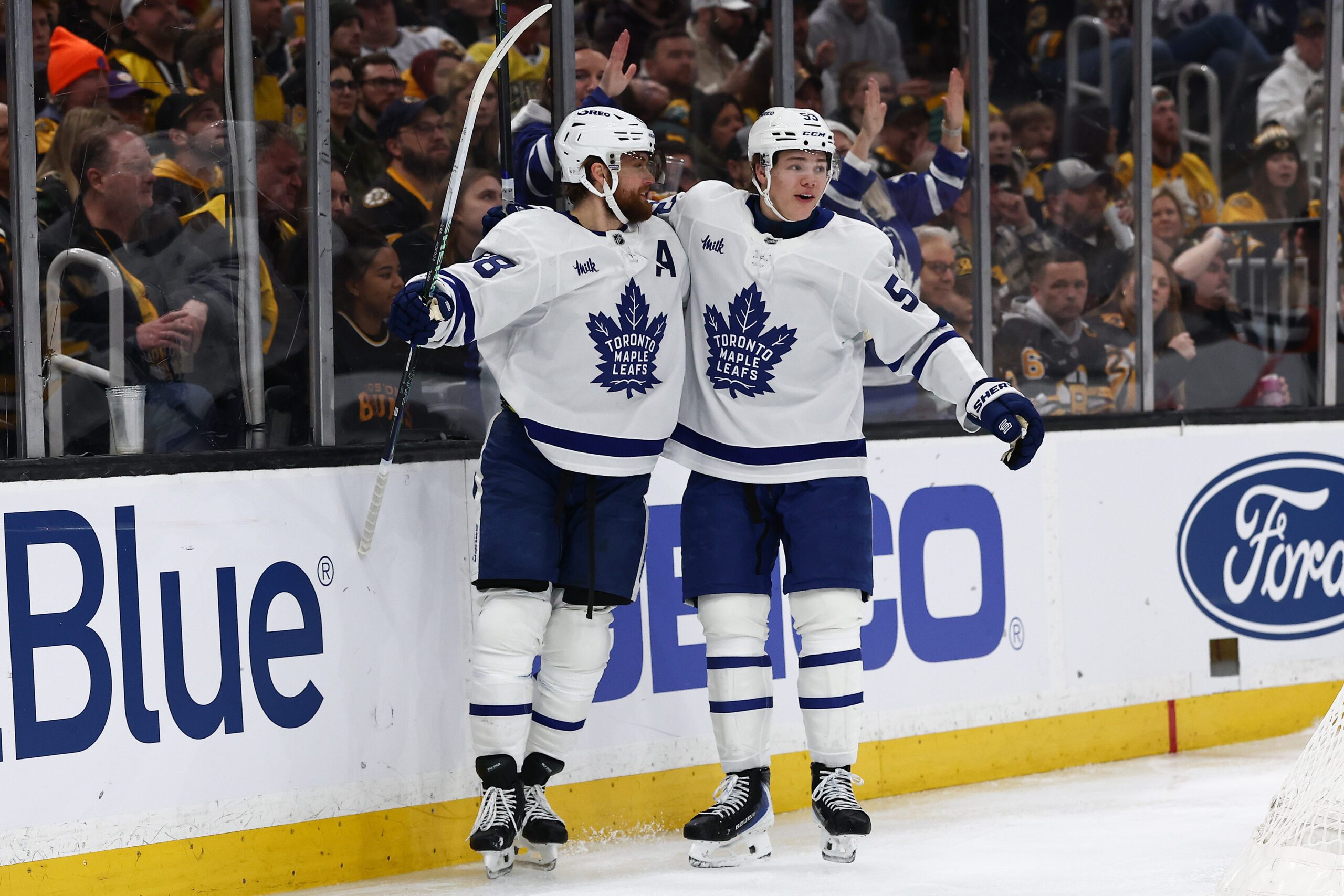 Mar 24, 2026; Boston, Massachusetts, USA; Toronto Maple Leafs right wing William Nylander (88) celebrates his goal with right wing Easton Cowan (53) during the third period against the Boston Bruins at TD Garden. Mandatory Credit: Winslow Townson-Imagn Images