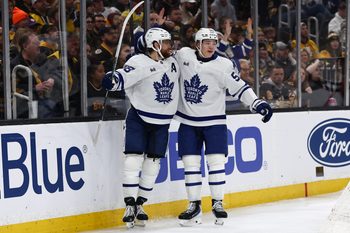 Mar 24, 2026; Boston, Massachusetts, USA; Toronto Maple Leafs right wing William Nylander (88) celebrates his goal with right wing Easton Cowan (53) during the third period against the Boston Bruins at TD Garden. Mandatory Credit: Winslow Townson-Imagn Images