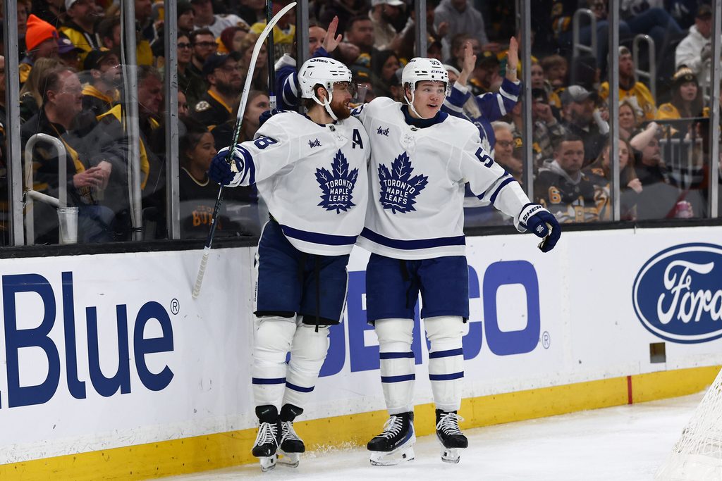 Mar 24, 2026; Boston, Massachusetts, USA; Toronto Maple Leafs right wing William Nylander (88) celebrates his goal with right wing Easton Cowan (53) during the third period against the Boston Bruins at TD Garden. Mandatory Credit: Winslow Townson-Imagn Images