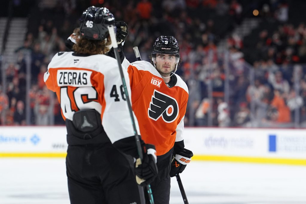 Mar 24, 2026; Philadelphia, Pennsylvania, USA; Philadelphia Flyers defenseman Jamie Drysdale (9) celebrates with center Trevor Zegras (46) after scoring a goal against the Columbus Blue Jackets in the third period at Xfinity Mobile Arena. Mandatory Credit: Kyle Ross-Imagn Images